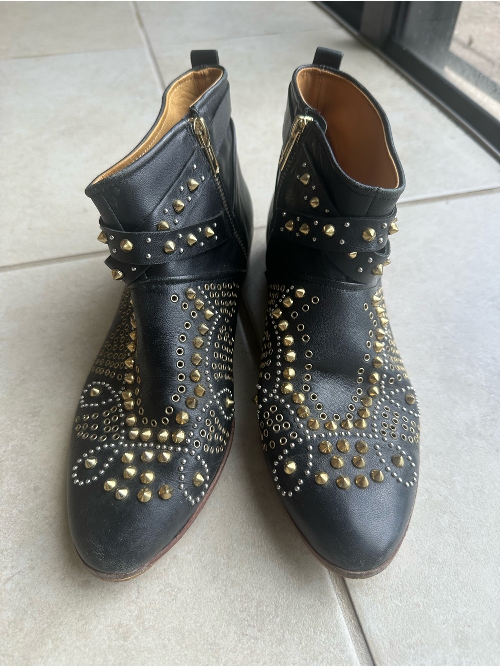 Zara Black Leather Studded Ankle Booties with Gold Accents